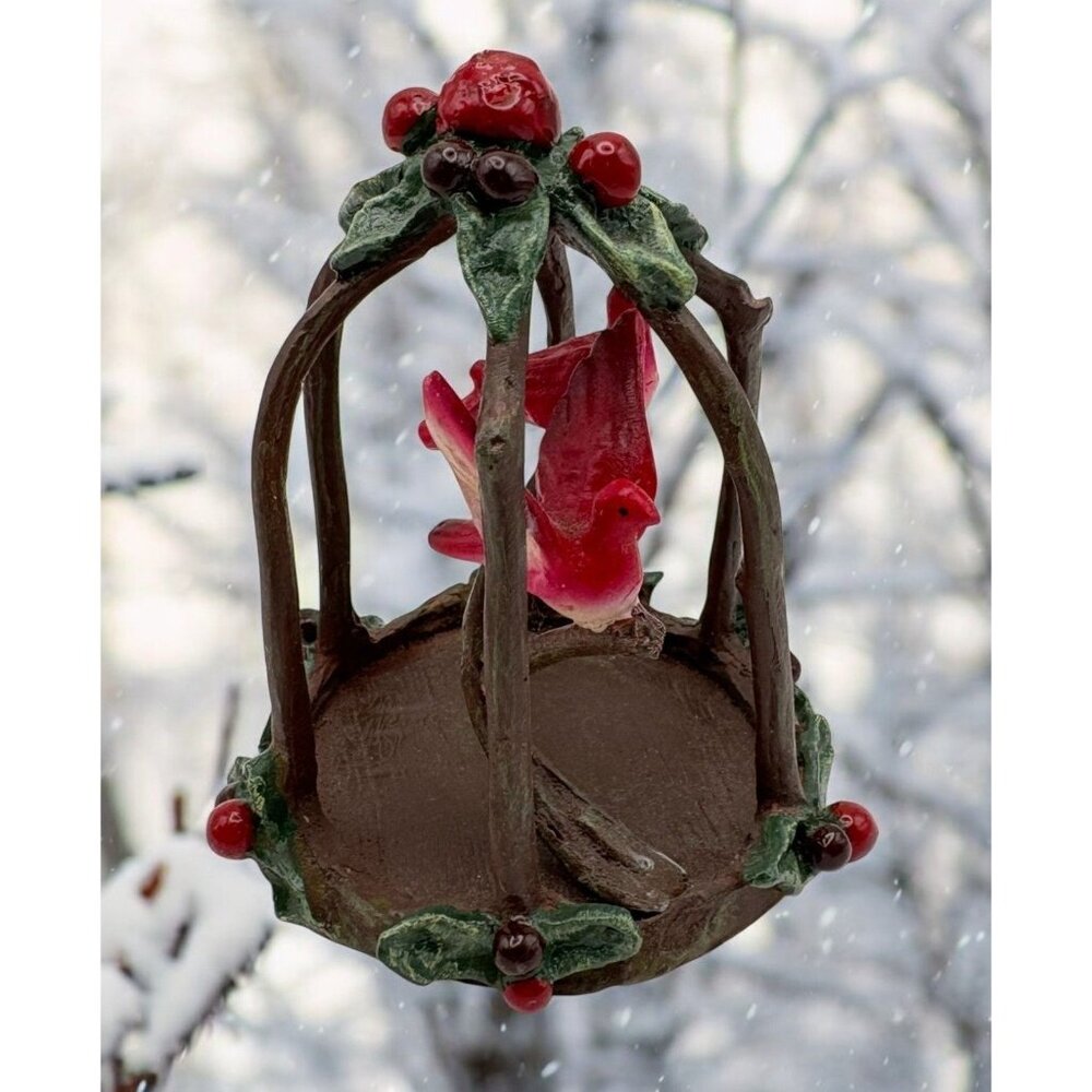 Vintage Birdcage Christmas Tree Ornament with Red Birds Holly Berry Accent